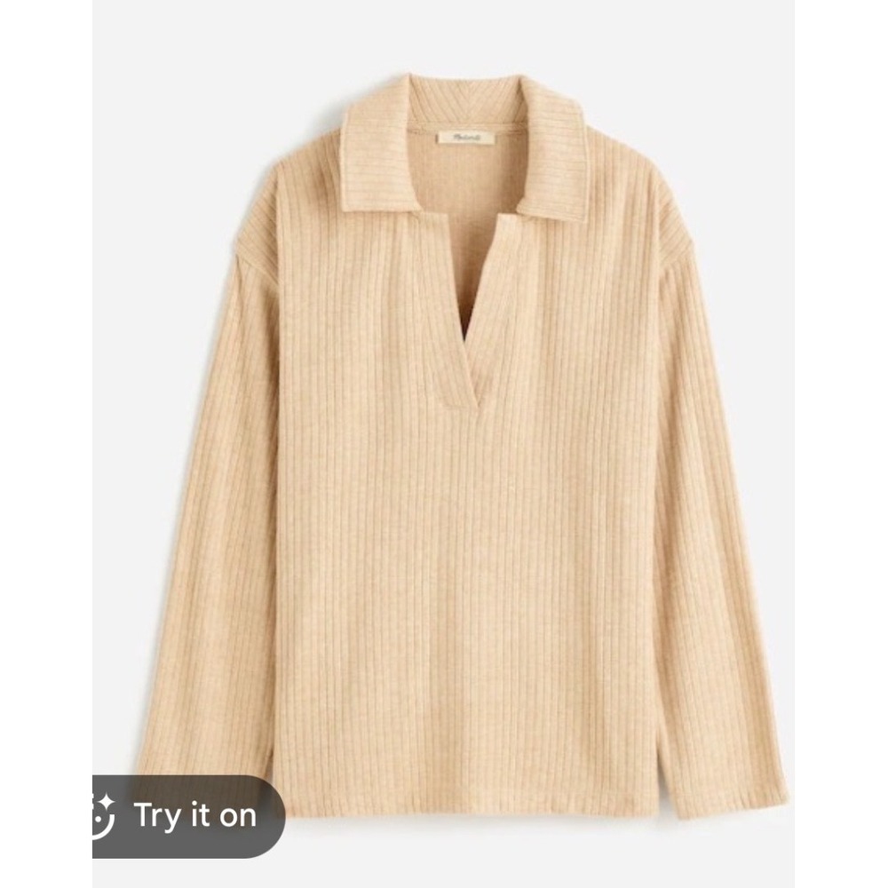 Madewell Ribbed Long Sleeve Polo Top Beige Tan V-Neck Collar Sweater Large